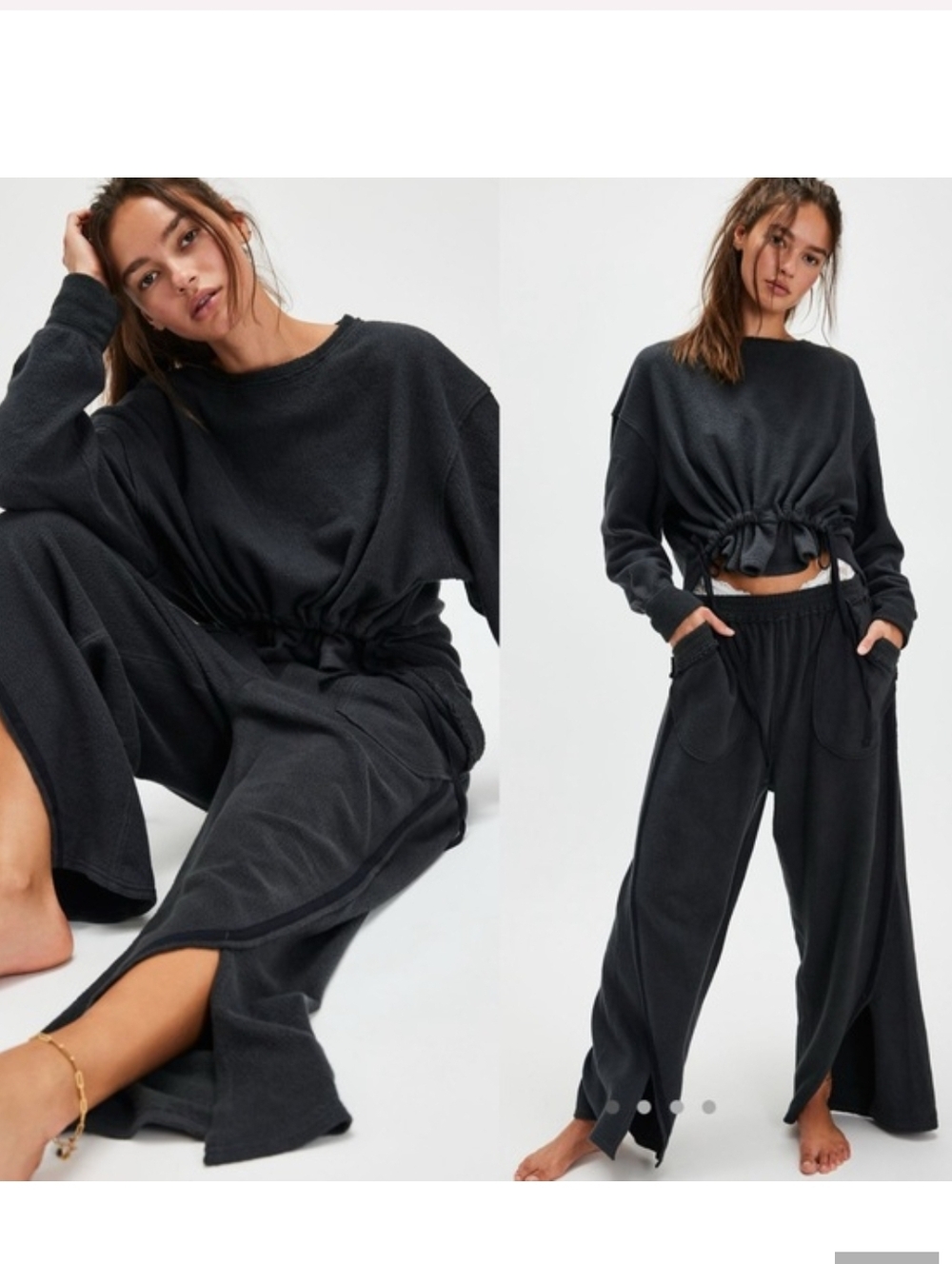 Intimately Free People Chill Beat Lounge Pants Terry Washed Black Smocked Waist